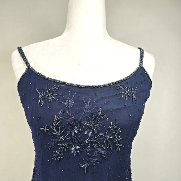 Vintage Adrianna Papell Navy Blue Silk Beaded Long Formal Ball Gown Prom Dress - Picture 2 of 11